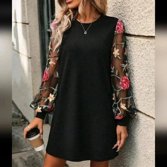Women's Patchwork Embroidery Mesh Lantern Sleeve Dress - Picture 1 of 5